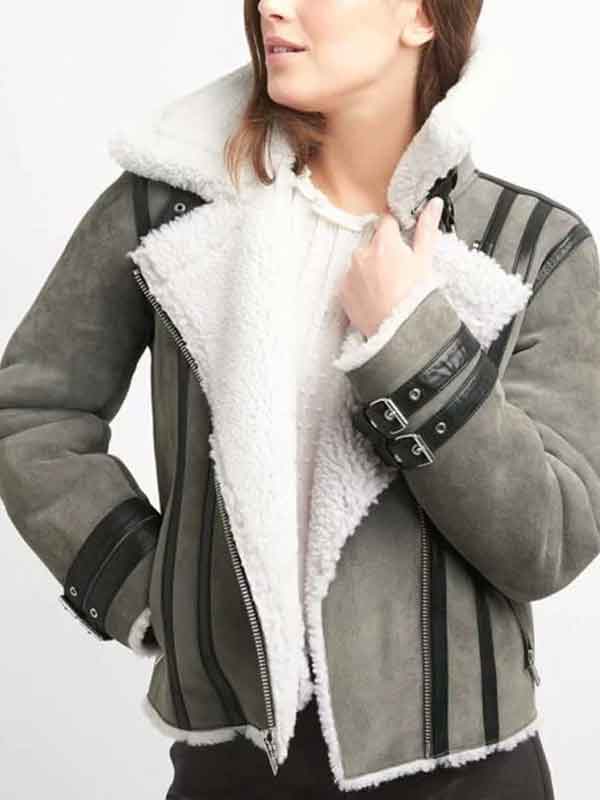 Womens Motorcycle Grey Suede Leather Shearling Winter Jacket