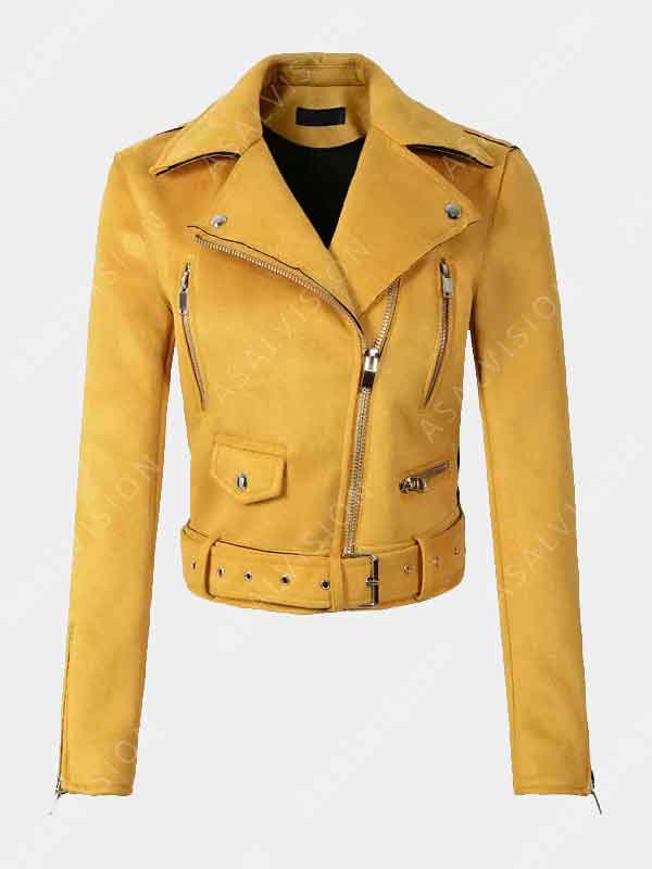 Womens Motorcycle Yellow Suede Leather Biker Jacket