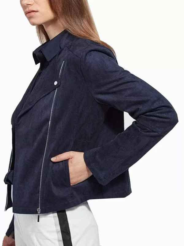 Womens Navy Blue Suede Leather Biker Jacket