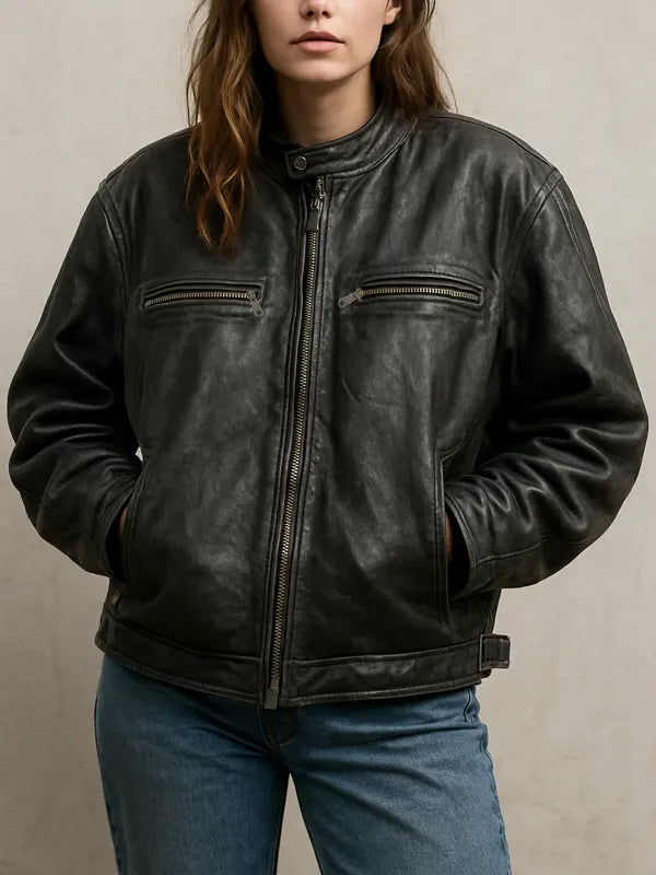 Women’s Oversized Cafe Racer Distressed Leather Jacket