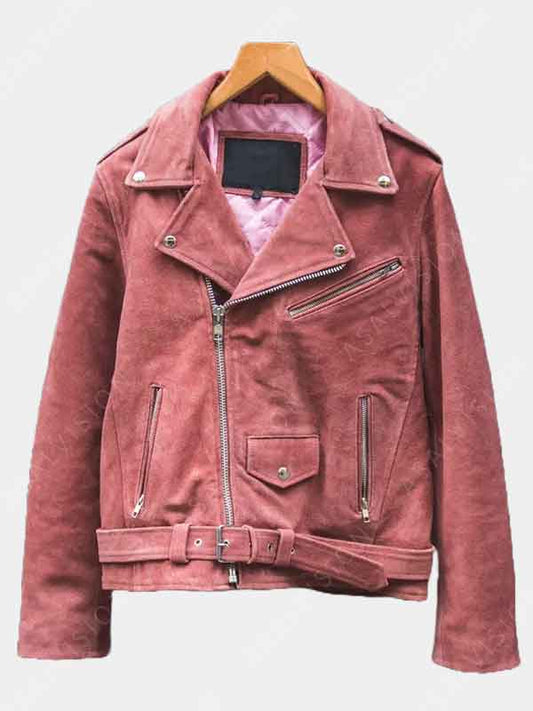 Womens Pink Suede Biker Jacket