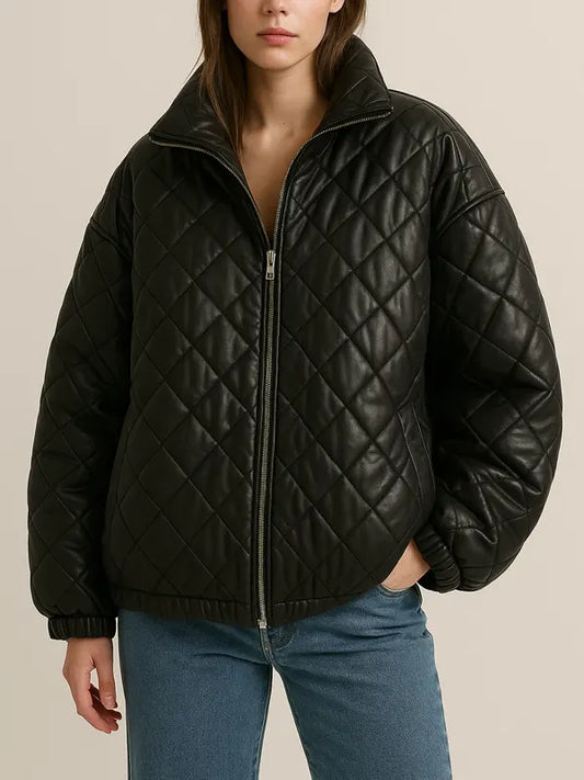 Women’s Quilted Oversized Bomber Leather Jacket