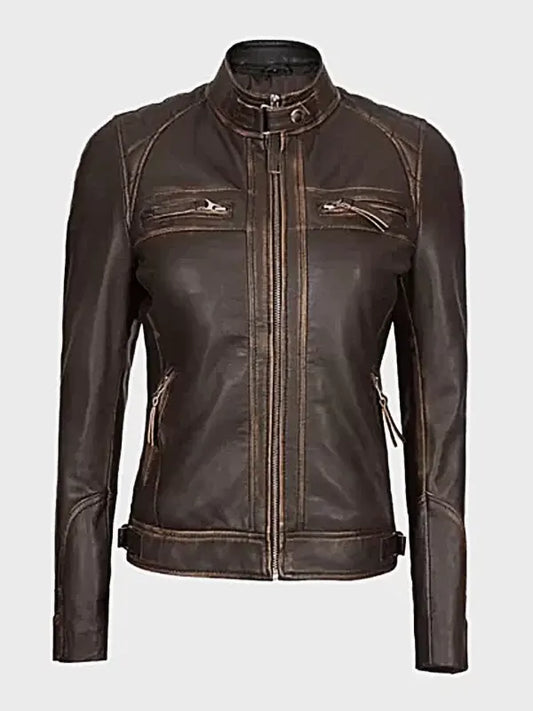 Womens Quilted Shoulder Leather Biker Jacket