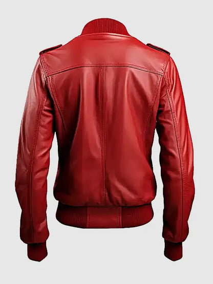 Women's Red Bomber Four Pockets Leather Jacket