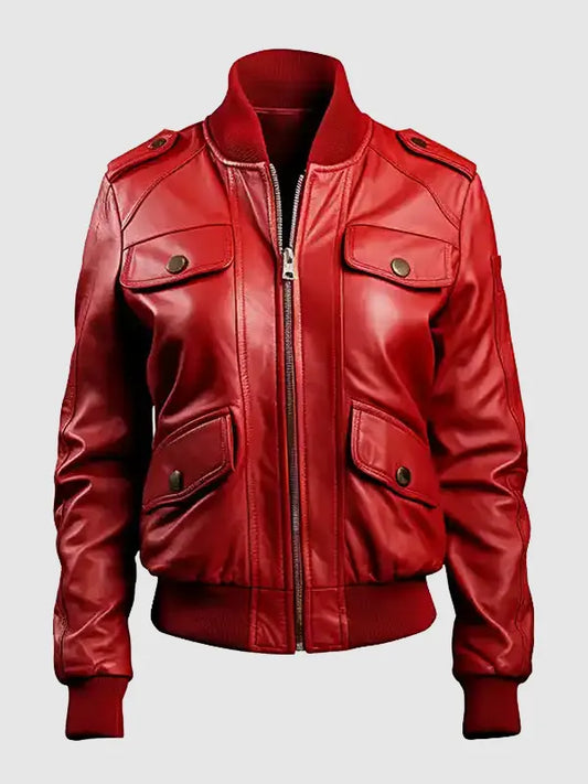 Women's Red Bomber Leather Jacket