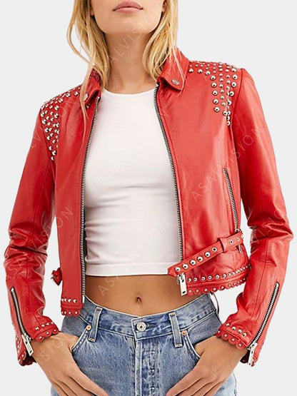 Womens Red Cropped Studded Leather Jacket