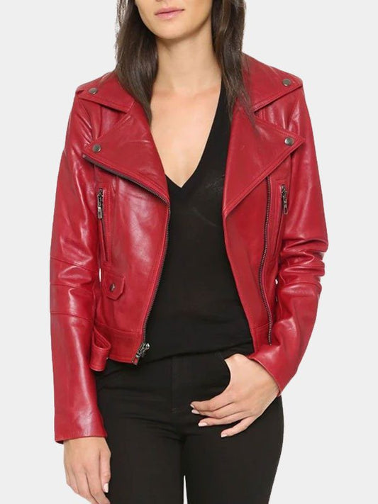 Womens Red Leather Biker Jacket