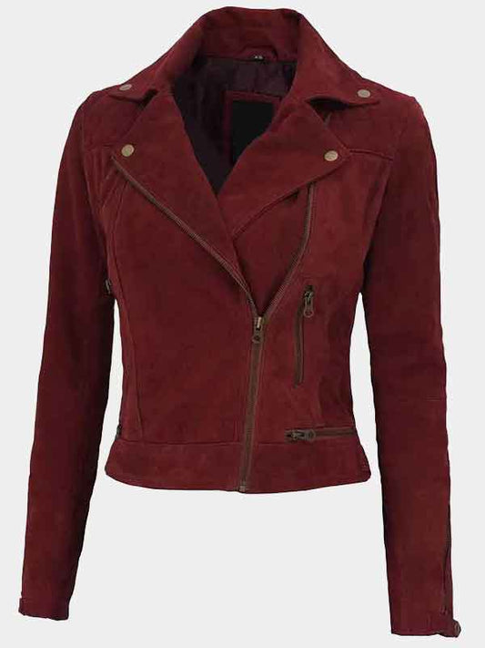 Womens Maroon Suede Leather Biker Jacket