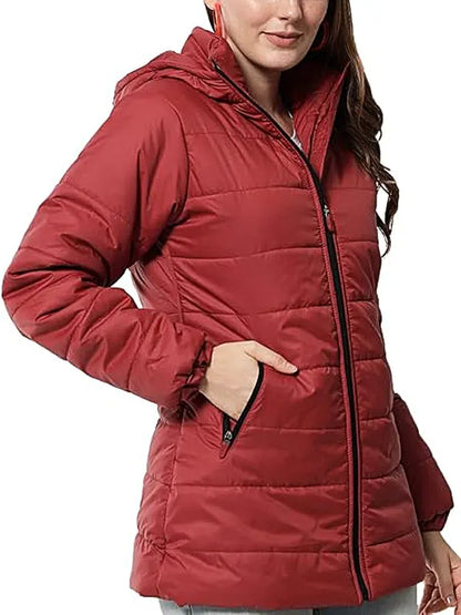 Women's Red Zipper Puffer Jacket With Hood