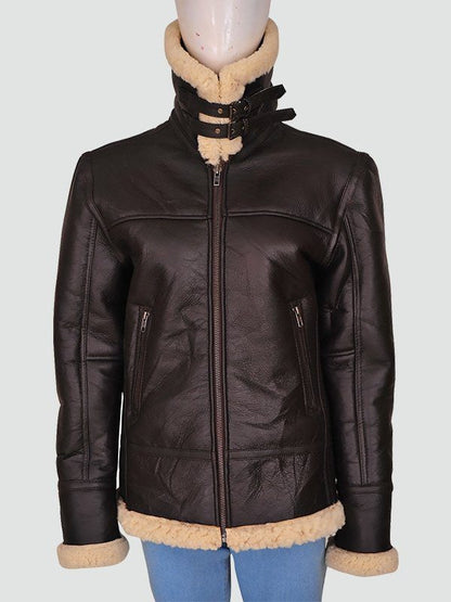 Women’s Shearling Aviator Bomber Brown Leather Jacket 1