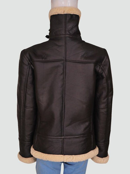 Women’s Shearling Aviator Bomber Brown Leather Jacket Back