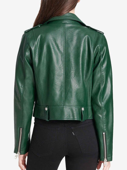 Women's Shiny Green Color Biker Leather Jacket