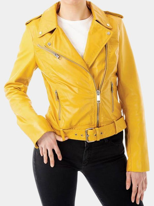 Women's Shiny Yellow Motorcycle Leather Jacket