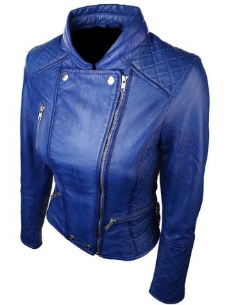 Womens Slim Fit Diamond Quilted Leather Biker Jacket Blue 3
