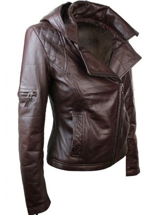Womens Slim Fit Leather Jacket with Hood Chocolate Brown 2