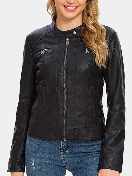Women's Snap Tab Collar Black Lambskin Leather Jacket
