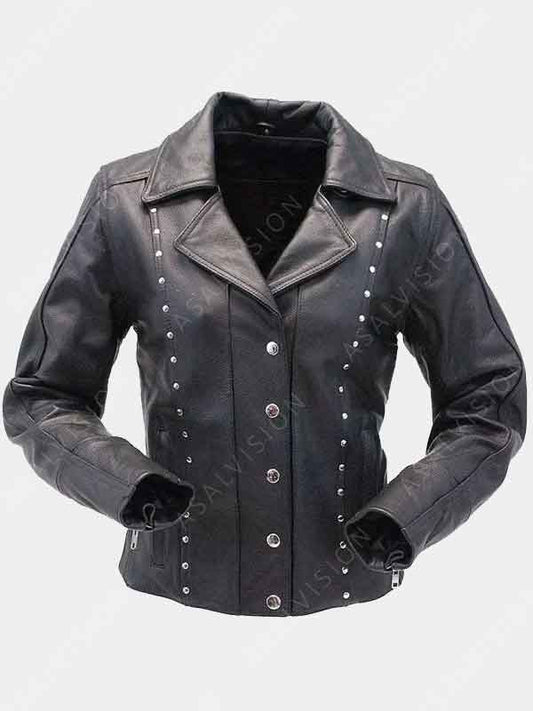 Womens Studded Black Leather Biker Jacket