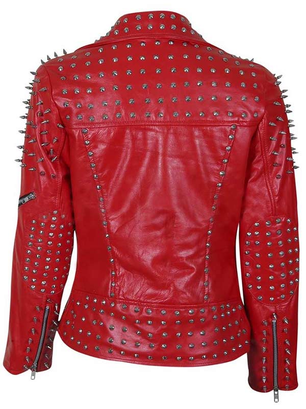 Women's Studded Leather Red Biker Jacket Back