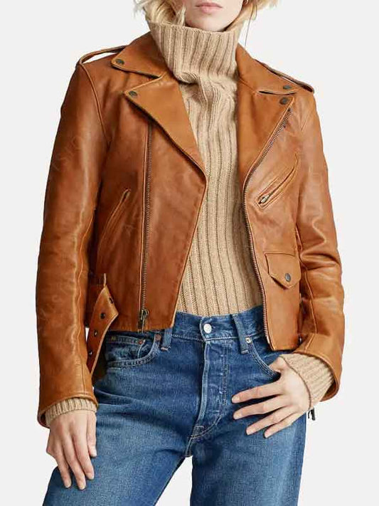 Womens Tan Brown Genuine Sheepskin Leather Biker Jacket