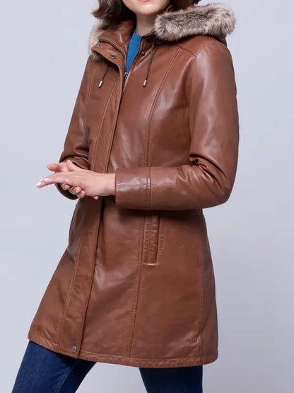 Women's Tan Fur Hooded Leather Coat