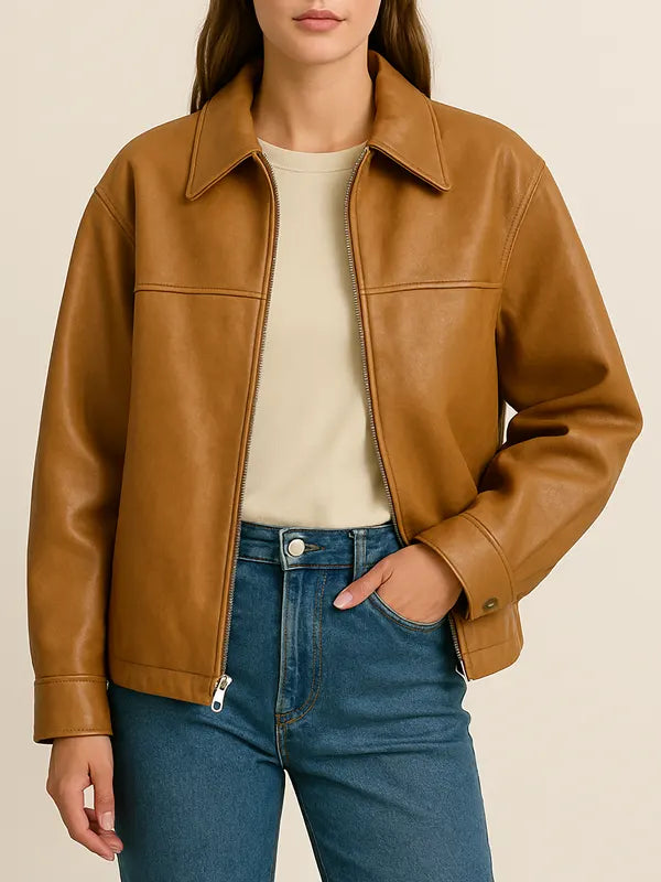 Women’s Tan Oversized Leather Jacket