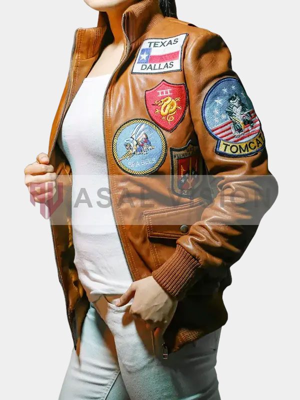 Womens Top Gun Patches Brown Leather Jacket