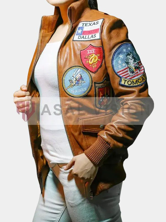 Womens Top Gun Patches Brown Leather Jacket