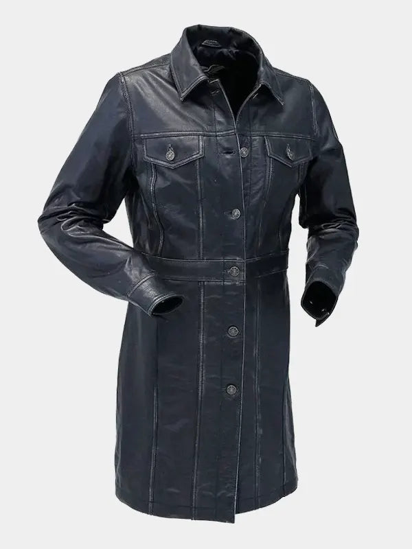 Women’s Vintage Black Mid-Length Buttoned Leather Coat