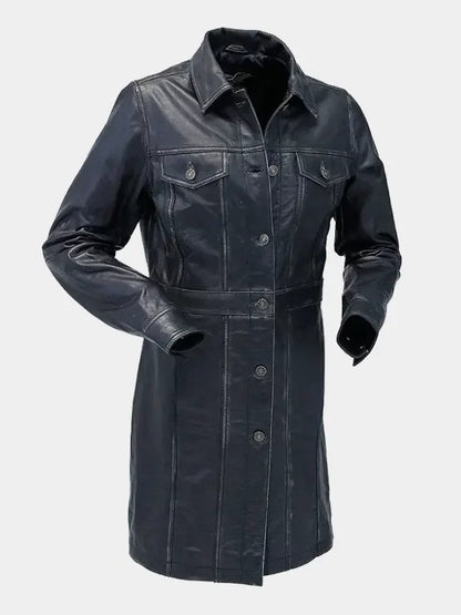 Women’s Vintage Black Mid-Length Buttoned Leather Coat