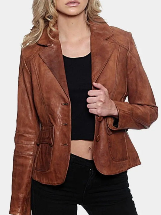 Women's Vintage Brown Leather Blazer Jacket