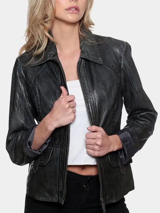 Women's Vintage Shirt Collar Leather Black Jacket