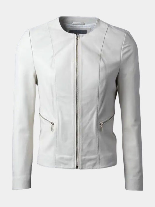Women’s White Collarless Leather Fashion Jacket