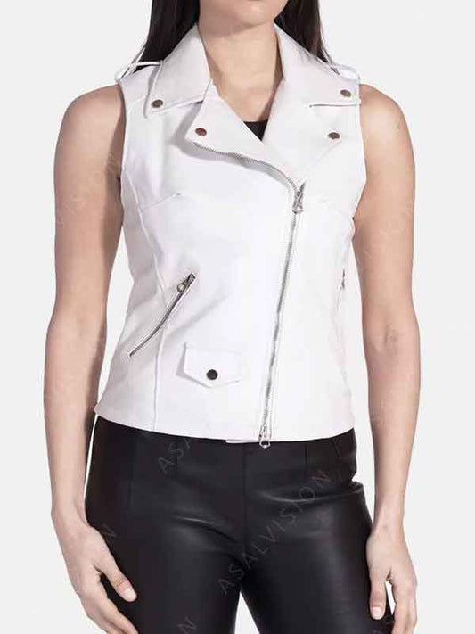 Womens White Zipper Leather Vest