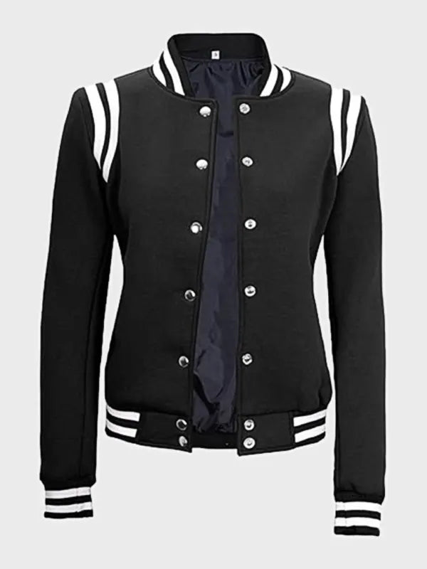 Women's Wool Black Varsity Letterman Jacket With White Detailing