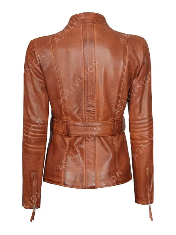 Womens Zayla Belted Waxed Brown Four Pockets Leather Biker Jacket 