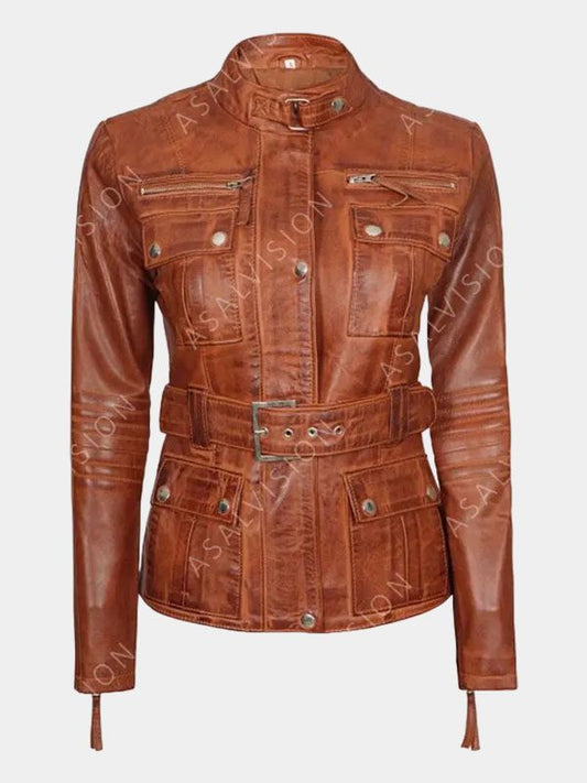 Zayla Belted Waxed Brown Leather Biker Jacket