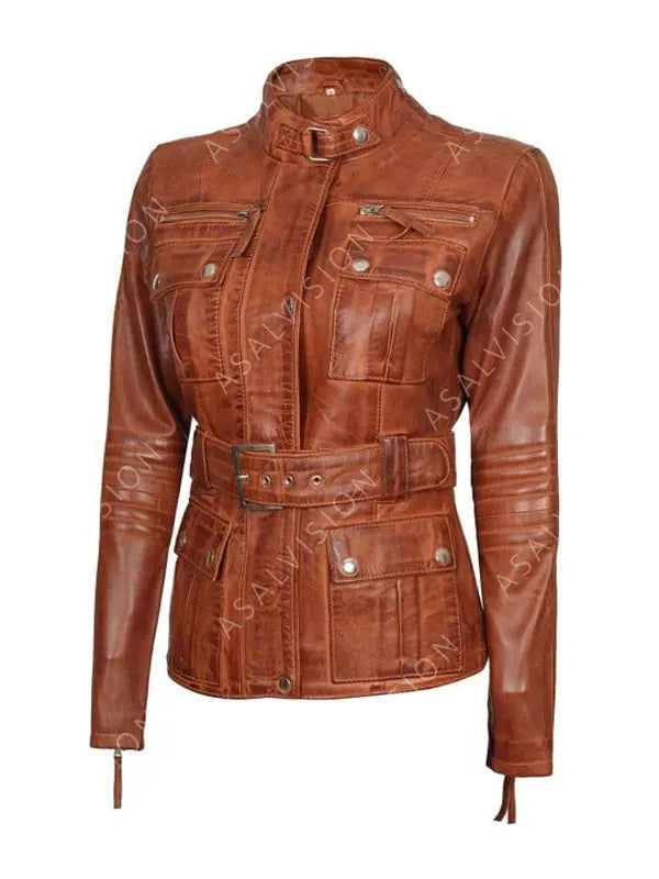 Zayla Belted Waxed Brown Leather Biker Jacket