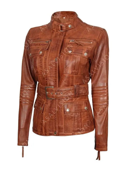 Zayla Belted Waxed Brown Leather Biker Jacket