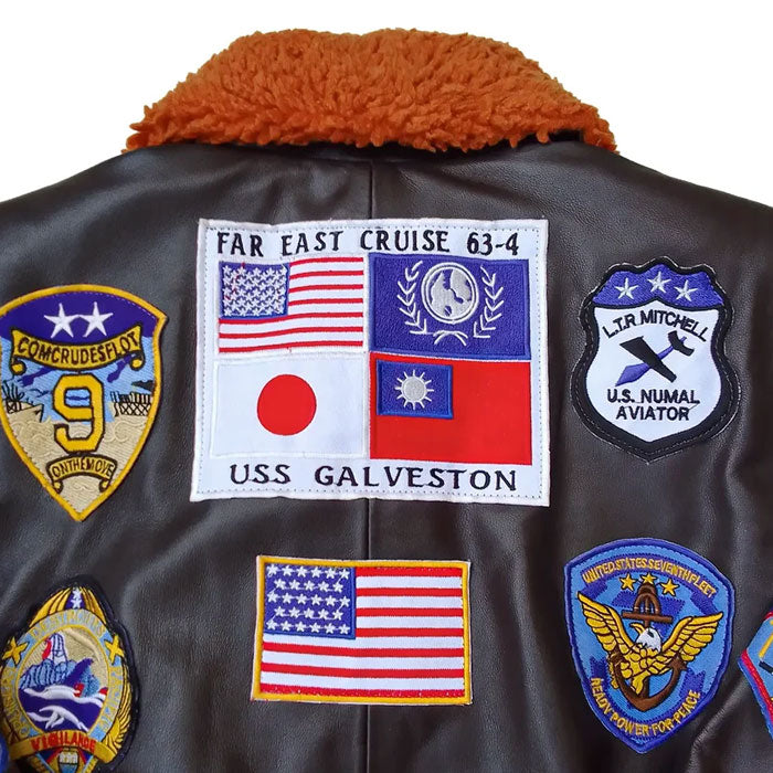 Custom patches and tags on a leather jacket