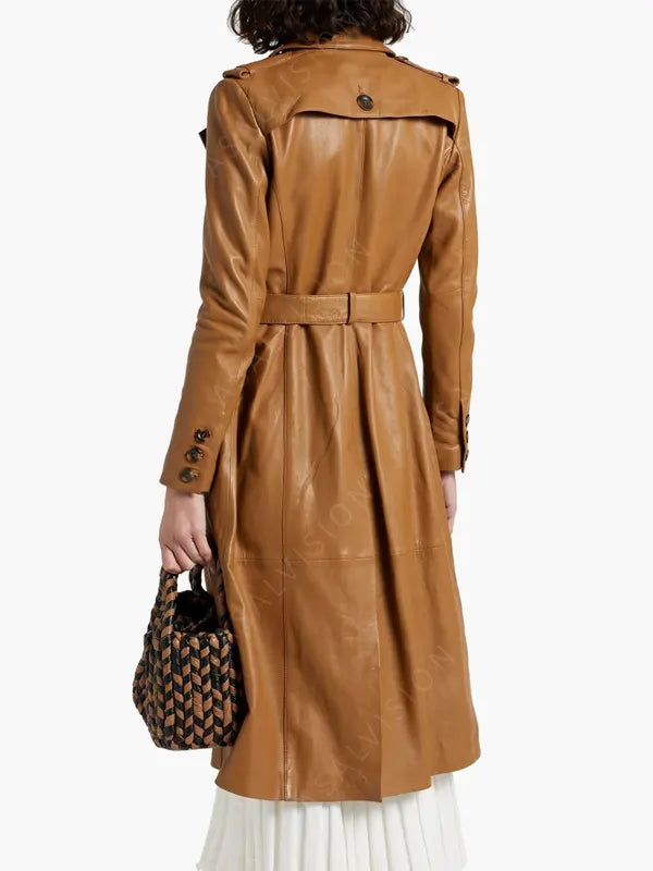 women's Belted Tan Brown Trench Genuine Leather Coat