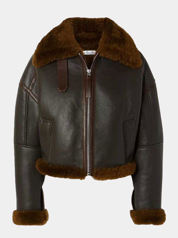 Brown Textured Shearling Leather Jacket For Women's