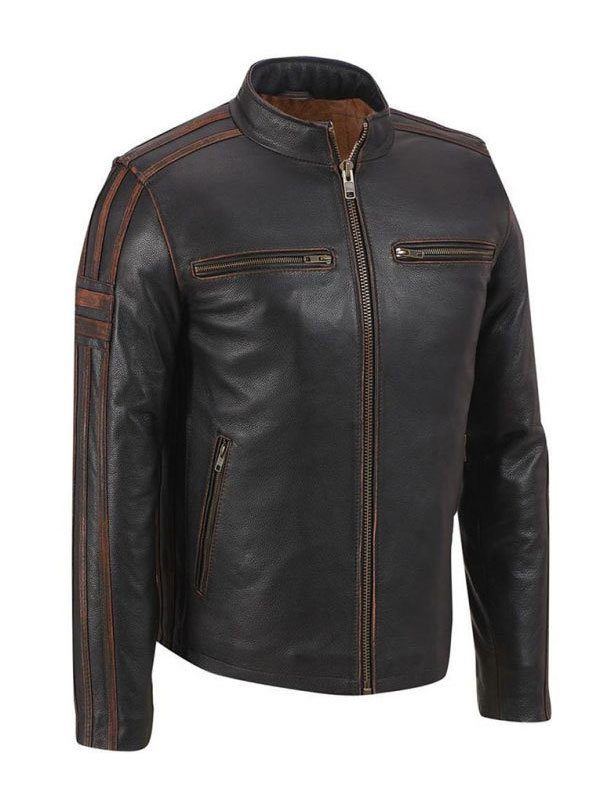 Brown Stripe Cafe Racer Leather Jacket