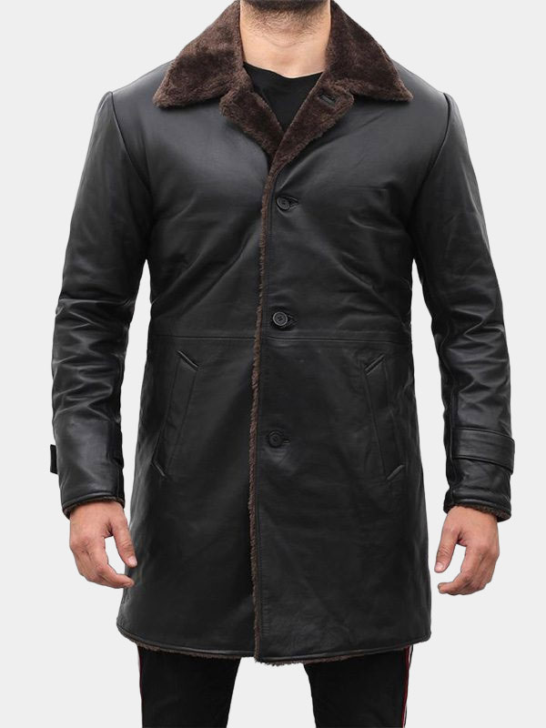 Mens Mid Length Shearling Black Leather Coat