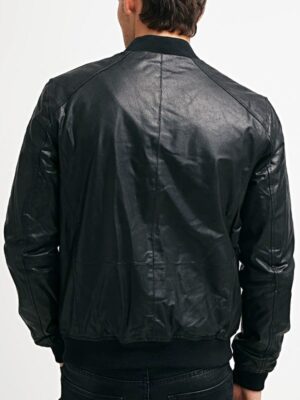 Mens Real Sheepskin Leather Bomber Jacket Solid Black Back