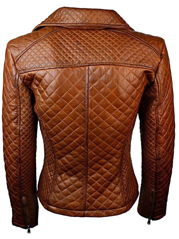 Quilted Sheepskin Fashion Leather Jacket Tan Brown For Women