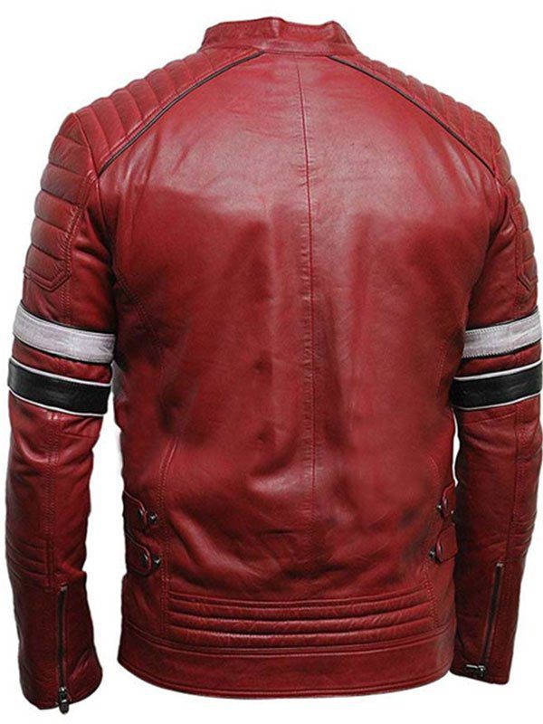 Shoulder Padded Red Striped Leather Jacket For Men’s