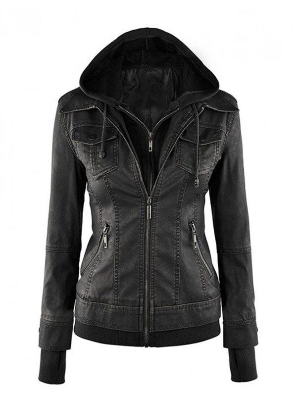 Women’s Black Biker Leather Hooded Jacket