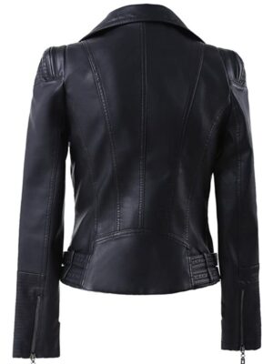 Women's Black Zip Up Moto Biker Leather Jacket Back