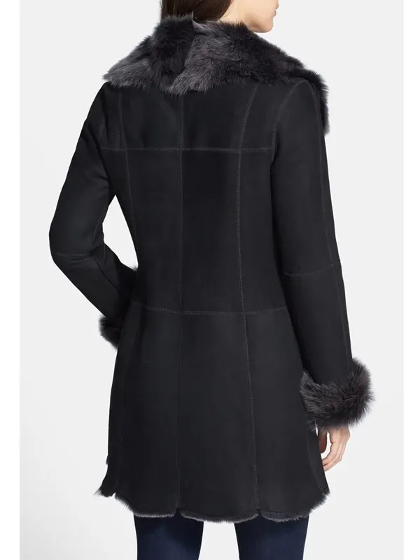 Womens Mid Length Shearling Fur Suede Leather Coat