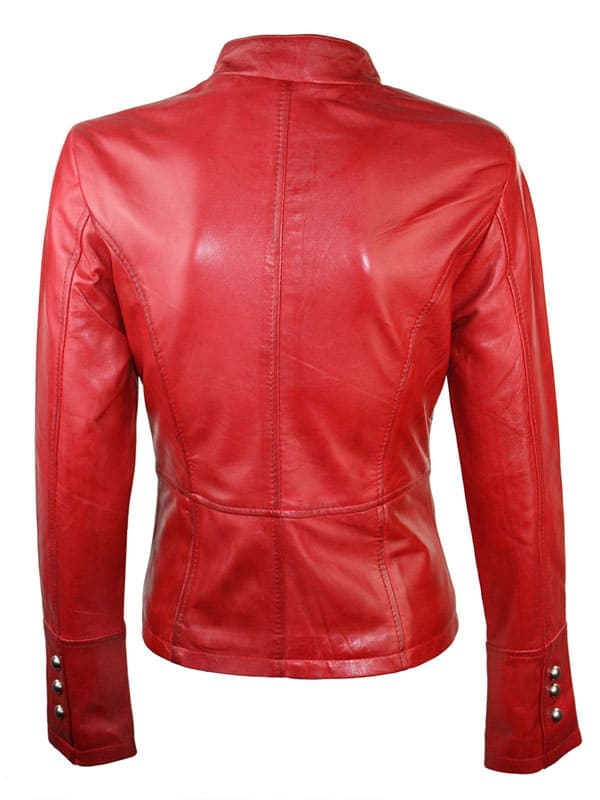 Women’s Military Style Slim Fit Leather Jacket Red Back